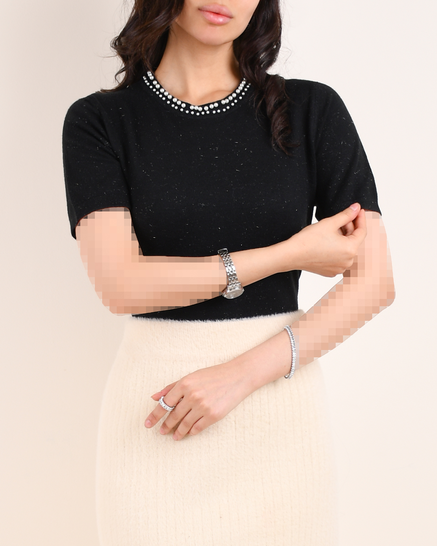 بافت آستین کوتاه یقه مرواریدی L0013